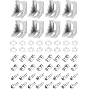 uxcell 8Set Inside Corner Bracket Gusset Kits, 38x38x35mm 4040 Angle Connector for European 4040 Series Aluminum Profile (Silver/ 16 x T Spring Nuts & Hex Socket Bolts)