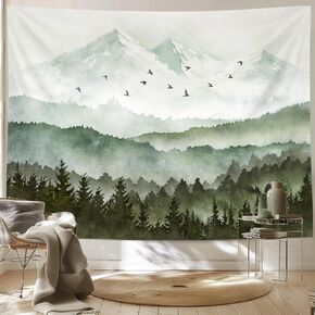 kampdream Mountain Forest Tapestry, Misty Foggy Watercolor Scenery Art Wall Tapestries, Nature Scenery Tapestry for Bedroom Living Room Backdrop Sage Green 60x80 inch
