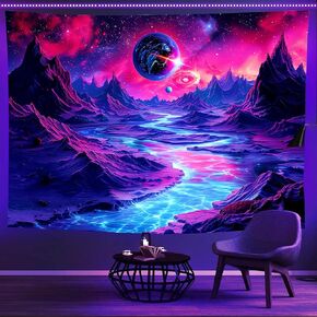 TUGCAY Blacklight Planet and Mountain River Tapestry Galaxy Space Tapestries UV Reactive Fantasy Nature Landscape Tapestry Wall Hanging for Room Home Decor(51.2"x59.1")