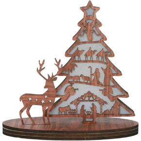 3D Engraved Wood 11 Inch Stand Book Bible Luke Statue Display with Light, Jesus Birth Scene Figurine, Easter Christmas Wooden Decorations for Home Church Table Decor