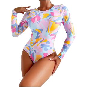WDIRARA Women's Colorblock Round Neck Swimsuit Long Sleeve Tummy Control One Piece Bathing Suit