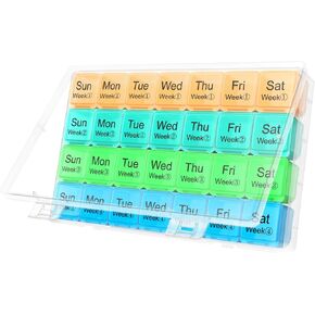 Large Monthly Pill Organizer 28 Day Case Organizerd Extra Large Compartments 4 Week Dust-Proof Pill Case Medication Reminder Portable Travel Container (Orange-Cyanblue-Green-Blue)