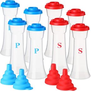 Set of 8 Plastic Salt and Pepper Shakers Salt Shaker with Lid Hourglass Salt Shaker Pepper Food Containers Salt Shaker with Funnels for Restaurant Kitchen Camping, Red and Blue