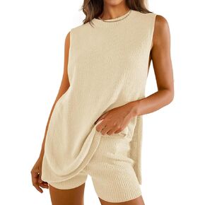 NENONA Women's Summer Sleeveless Sweater Sets Casual Knit Tunic Tops and Shorts 2 Piece Outfits