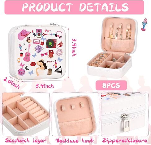 8 قطع من Kajaia صندوق مجوهرات محمول للمغنيين من البولي يوريثان، حافظة مجوهرات للسفر، صناديق هدايا صغيرة لمحبي الموسيقى، منظم السفر للمجوهرات للنساء والفتيات المراهقات والأصدقاء، هدايا عيد الميلاد، أبيض in Kuwait