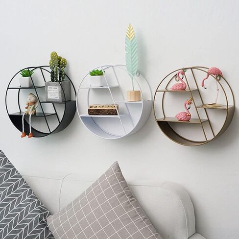 Floating Round Shelves, Geometric Wall Shelf,Metal Storage Shelves for Home Decor,Wall Decoration Storage Shelf and Wall Mount Display Rack Black and White (White) in Saudi Arabia