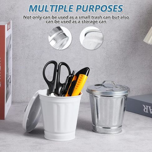 صناديق قمامة صغيرة معدنية من Alipis، صناديق قمامة سطح المكتب، فرشاة مكياج، صندوق تخزين أقلام رصاص، سلة مهملات صغيرة مع غطاء للمكتب المنزلي (فضي + أبيض) in Kuwait