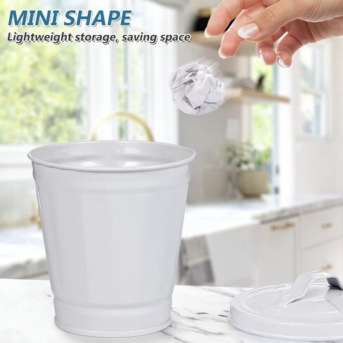 صناديق قمامة صغيرة معدنية من Alipis، صناديق قمامة سطح المكتب، فرشاة مكياج، صندوق تخزين أقلام رصاص، سلة مهملات صغيرة مع غطاء للمكتب المنزلي (فضي + أبيض) in Kuwait