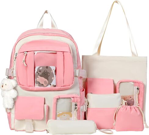 HORHREAR Kawaii Backpack 5Pcs Set for School, Cute Clear Backpack Preppy with Aesthetics Pendant for Girls Boys Primary Bag in Saudi Arabia