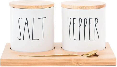 حاويات الملح والفلفل من راي دان مع صينية من الخيزران وملعقة تقديم نحاسية، مجموعة قبو ملح وفلفل من الخزف الحجري اللطيف مع حروف ممدودة in Kuwait