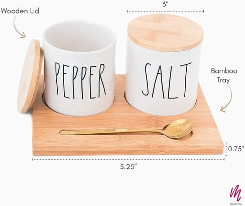 حاويات الملح والفلفل من راي دان مع صينية من الخيزران وملعقة تقديم نحاسية، مجموعة قبو ملح وفلفل من الخزف الحجري اللطيف مع حروف ممدودة in Kuwait