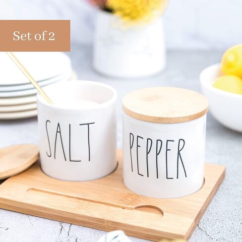 حاويات الملح والفلفل من راي دان مع صينية من الخيزران وملعقة تقديم نحاسية، مجموعة قبو ملح وفلفل من الخزف الحجري اللطيف مع حروف ممدودة in Kuwait