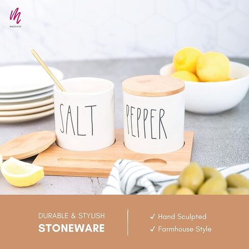 حاويات الملح والفلفل من راي دان مع صينية من الخيزران وملعقة تقديم نحاسية، مجموعة قبو ملح وفلفل من الخزف الحجري اللطيف مع حروف ممدودة in Kuwait