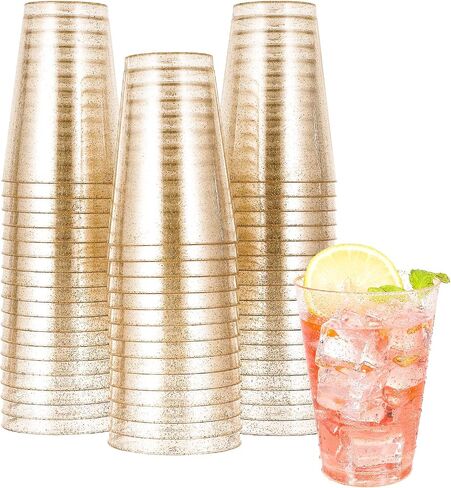JOLLY CHEF 14 oz 50 Pack Gold Plastic Cups, Disposable Gold Glitter Plastic Cups Tumblers, Wedding Cups Party Cups, Ideal for Halloween, Thanksgiving, Christmas in Saudi Arabia