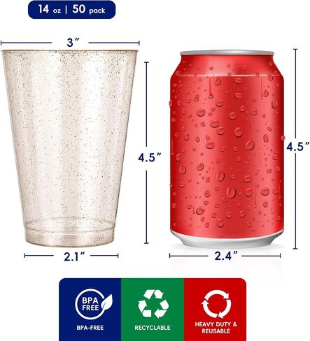 JOLLY CHEF 14 oz 50 Pack Gold Plastic Cups, Disposable Gold Glitter Plastic Cups Tumblers, Wedding Cups Party Cups, Ideal for Halloween, Thanksgiving, Christmas in Saudi Arabia