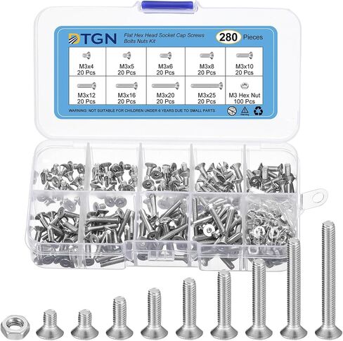 280Pcs M3 x 4mm /5mm /6mm /8mm /10mm /12mm /16mm /20mm /25mm Flat Head Hex Socket Cap Screws Bolts Nuts Kit, 304 Stainless Steel, Full Thread in Saudi Arabia