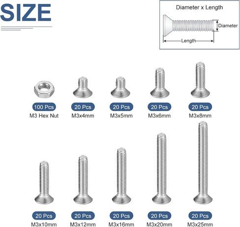 280Pcs M3 x 4mm /5mm /6mm /8mm /10mm /12mm /16mm /20mm /25mm Flat Head Hex Socket Cap Screws Bolts Nuts Kit, 304 Stainless Steel, Full Thread in Saudi Arabia