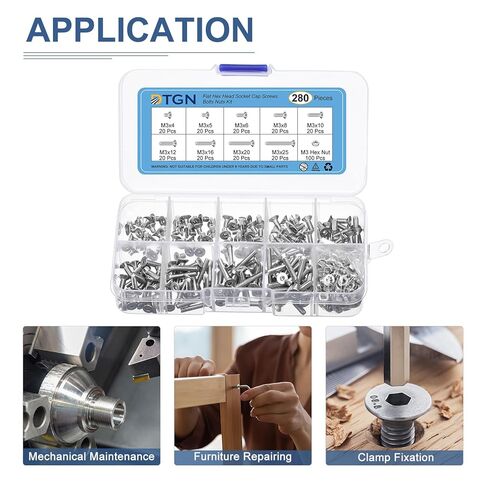 280Pcs M3 x 4mm /5mm /6mm /8mm /10mm /12mm /16mm /20mm /25mm Flat Head Hex Socket Cap Screws Bolts Nuts Kit, 304 Stainless Steel, Full Thread in Saudi Arabia