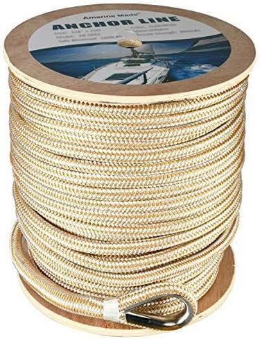 خط مرساة من النايلون عالي التحمل مصنوع من Amarine مع كشتبان من الفولاذ المقاوم للصدأ - أبيض/ذهبي اللون، سمك 5/8 بوصة، 200 قدم 250 قدم 300 قدم 600 قدم طويل (600 بوصة) in Saudi Arabia