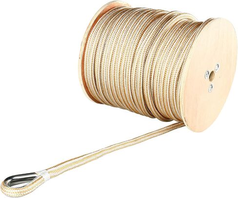 خط مرساة من النايلون عالي التحمل مصنوع من Amarine مع كشتبان من الفولاذ المقاوم للصدأ - أبيض/ذهبي اللون، سمك 5/8 بوصة، 200 قدم 250 قدم 300 قدم 600 قدم طويل (600 بوصة) in Saudi Arabia