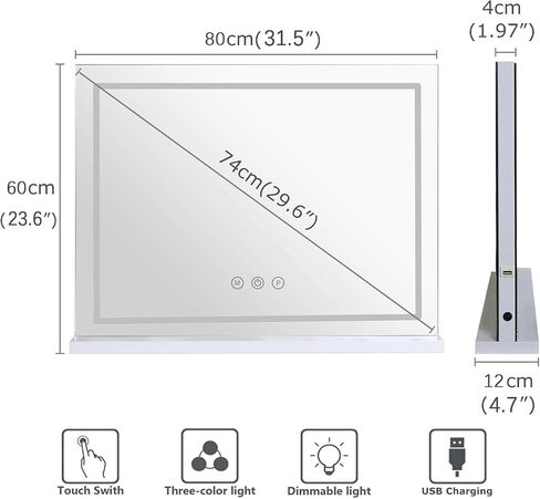 مرآة مكياج Zdorzi مع أضواء، مرآة كبيرة بإضاءة LED مقاس 31.5 بوصة × 23.6 بوصة مع تكبير 10X ومنفذ شحن USB، لمسة ذكية 3 ألوان قابلة للتعتيم، تحكم باللمس لغرفة النوم، أبيض in Kuwait