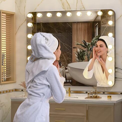 مرآة زينة كبيرة مع أضواء من Hasipu، مرآة هوليوود مقاس 39.4 بوصة × 31.5 بوصة، مرآة مكياج مع 21 لمبة قابلة للتعتيم وتكبير 10X، 3 أوضاع ألوان، تحكم باللمس، منفذ شحن USB، نوع C، أسود in Kuwait