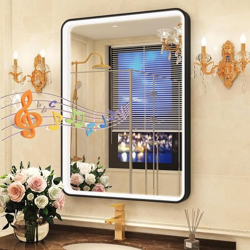 SBAGNO 24x32in. LED Bathroom Mirror Shatterproof, LED Mirror for Bathroom Dimmable, 3 Lights Colors, Horizontal& Vertical, Bluetooth-Speakers, Touch-Sensors, Plug-in or Hardwired, Defogging in Saudi Arabia