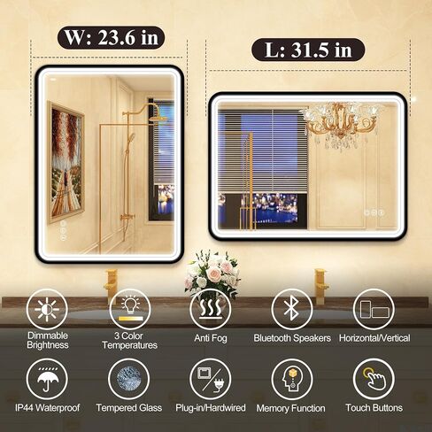 SBAGNO 24x32in. LED Bathroom Mirror Shatterproof, LED Mirror for Bathroom Dimmable, 3 Lights Colors, Horizontal& Vertical, Bluetooth-Speakers, Touch-Sensors, Plug-in or Hardwired, Defogging in Saudi Arabia