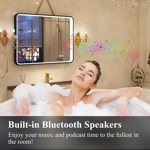 SBAGNO 24x32in. LED Bathroom Mirror Shatterproof, LED Mirror for Bathroom Dimmable, 3 Lights Colors, Horizontal& Vertical, Bluetooth-Speakers, Touch-Sensors, Plug-in or Hardwired, Defogging in Saudi Arabia