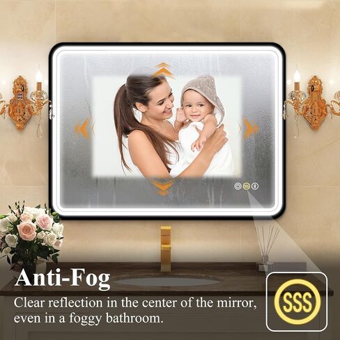 SBAGNO 24x32in. LED Bathroom Mirror Shatterproof, LED Mirror for Bathroom Dimmable, 3 Lights Colors, Horizontal& Vertical, Bluetooth-Speakers, Touch-Sensors, Plug-in or Hardwired, Defogging in Saudi Arabia