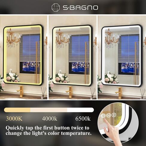 SBAGNO 24x32in. LED Bathroom Mirror Shatterproof, LED Mirror for Bathroom Dimmable, 3 Lights Colors, Horizontal& Vertical, Bluetooth-Speakers, Touch-Sensors, Plug-in or Hardwired, Defogging in Saudi Arabia
