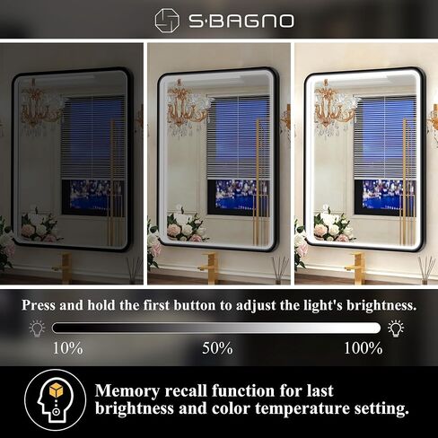 SBAGNO 24x32in. LED Bathroom Mirror Shatterproof, LED Mirror for Bathroom Dimmable, 3 Lights Colors, Horizontal& Vertical, Bluetooth-Speakers, Touch-Sensors, Plug-in or Hardwired, Defogging in Saudi Arabia