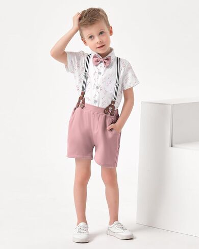 Toddler Boy Dress Outfits 1-6T Baby Boys Suit Summer Clothes Set | Toddler Boy Suits Floral Short Sleeve Shirt+Bowtie+Suspender Shorts Wedding Formal Outfit, Toddler Easter Outfit Boy in Saudi Arabia