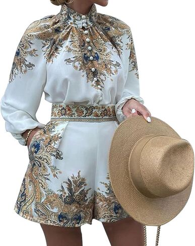 Women's Boho Print Long Sleeve Button Up Top with High Waisted Shorts Sets 2 Piece Outfits in Saudi Arabia