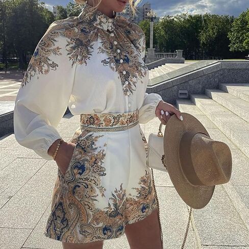 Women's Boho Print Long Sleeve Button Up Top with High Waisted Shorts Sets 2 Piece Outfits in Saudi Arabia