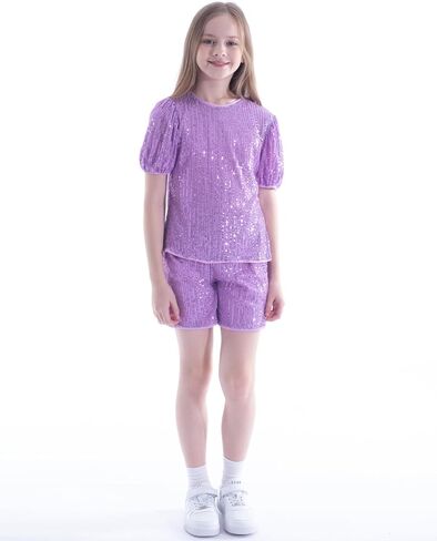 WELAKEN Girls 2 Piece Sequin Summer Outfits Kid Toddler Puff Sleeves Top and Shorts Set with Pockets in Saudi Arabia