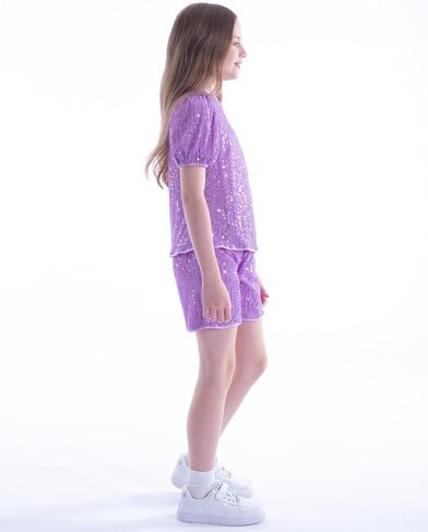 WELAKEN Girls 2 Piece Sequin Summer Outfits Kid Toddler Puff Sleeves Top and Shorts Set with Pockets in Saudi Arabia