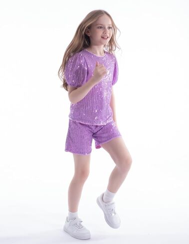 WELAKEN Girls 2 Piece Sequin Summer Outfits Kid Toddler Puff Sleeves Top and Shorts Set with Pockets in Saudi Arabia