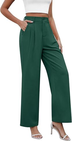 سراويل CZYINXIAN النسائية الكاجوال للعمل واسعة الساق واسعة الخصر مع جيوب in Kuwait