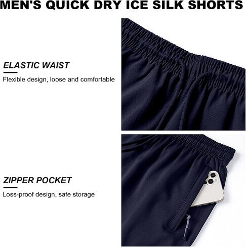 Men's Ice Silk Elastic Shorts,Men's Quick Drying Shorts,Zipper Pocket Workout Running Shorts,Summer Loose Casual Shorts in Saudi Arabia
