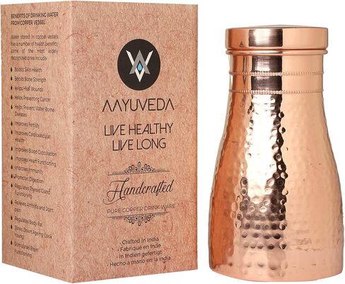 AAYUVEDA® Hammered Pure Copper Bedroom Water Bottle 34oz, with In-Built Tumbler (Loose Lid, Pack of 1) in Saudi Arabia