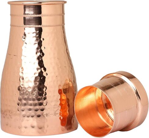 AAYUVEDA® Hammered Pure Copper Bedroom Water Bottle 34oz, with In-Built Tumbler (Loose Lid, Pack of 1) in Saudi Arabia