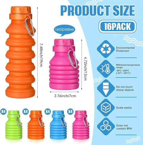16 قطعة زجاجة مياه قابلة للطي 16 أونصة من السيليكون زجاجات مياه قابلة للطي للسفر زجاجة مياه محمولة مقاومة للتسرب مع مشبك لصالة الألعاب الرياضية والتخييم والمشي لمسافات طويلة والسفر والرياضة الداخلية والخارجية، 4 ألوان in Kuwait
