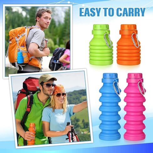 16 قطعة زجاجة مياه قابلة للطي 16 أونصة من السيليكون زجاجات مياه قابلة للطي للسفر زجاجة مياه محمولة مقاومة للتسرب مع مشبك لصالة الألعاب الرياضية والتخييم والمشي لمسافات طويلة والسفر والرياضة الداخلية والخارجية، 4 ألوان in Kuwait
