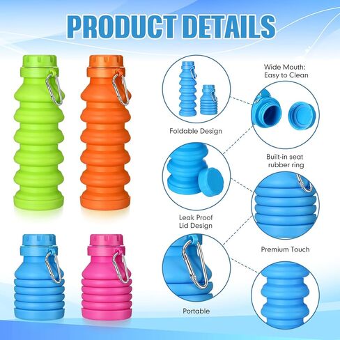 16 قطعة زجاجة مياه قابلة للطي 16 أونصة من السيليكون زجاجات مياه قابلة للطي للسفر زجاجة مياه محمولة مقاومة للتسرب مع مشبك لصالة الألعاب الرياضية والتخييم والمشي لمسافات طويلة والسفر والرياضة الداخلية والخارجية، 4 ألوان in Kuwait
