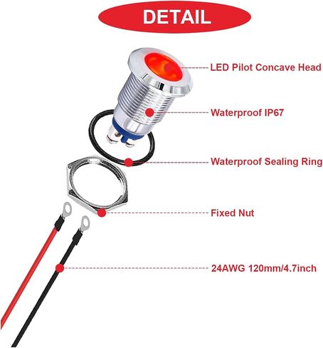 10Pcs AC/DC12-24V LED Indicator Lights 1/4"(6mm)Waterproof Flat Head Indicator Signal Lamp 5Color(Red/Yellow/Blue/Green/White)with 150mm Cable Length Metal LED Indicator Light and Wiring Cap MKBKLLJY in Saudi Arabia