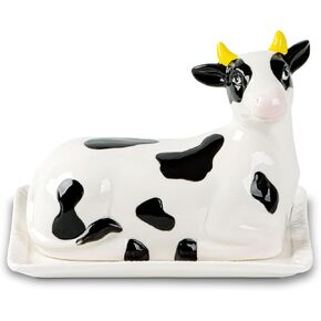 Cow Butter Dish With Lid For Countertop Ceramic Butterdish Cute Butter Tray Black Butter Container Beautiful Vintage Farmhouse Decor