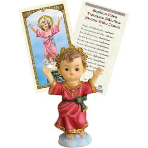 Small Divine Child Jesus Statue - Laminated Spanish Divino Nino Jesus Card - 4 inch Sto Nino Statue for Home Decor, Altar - Divino Niño Jesus Estatua, Divino Nino Jesus Tarjeta - 2 Items Total