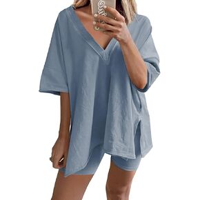 2 Piece Outfits for Women Reversible Oversized T Shirt Biker Shorts Sets Workout Tracksuit