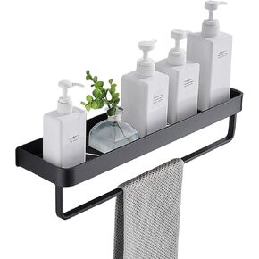 Bathroom Shelf with Towel Bar, Wall Mounted Shower Storage Organizer Holder Rack, Floating Shelf for Bathroom,Kitchen,Toilet 15.7" (Black)